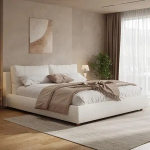 White King Size Boucle Fabric Platform Bed