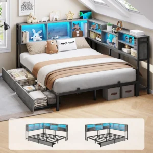 Corner Bed Frame Bookcase Storage and Lights