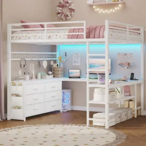 U-Shaped Desk Loft Bed with 6 Drawers